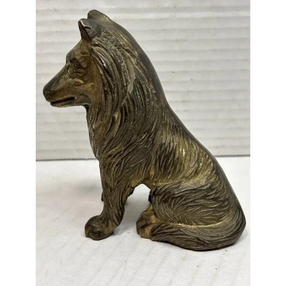 Vintage Solid Brass Collie Dog Figurine Statue Heavy 4